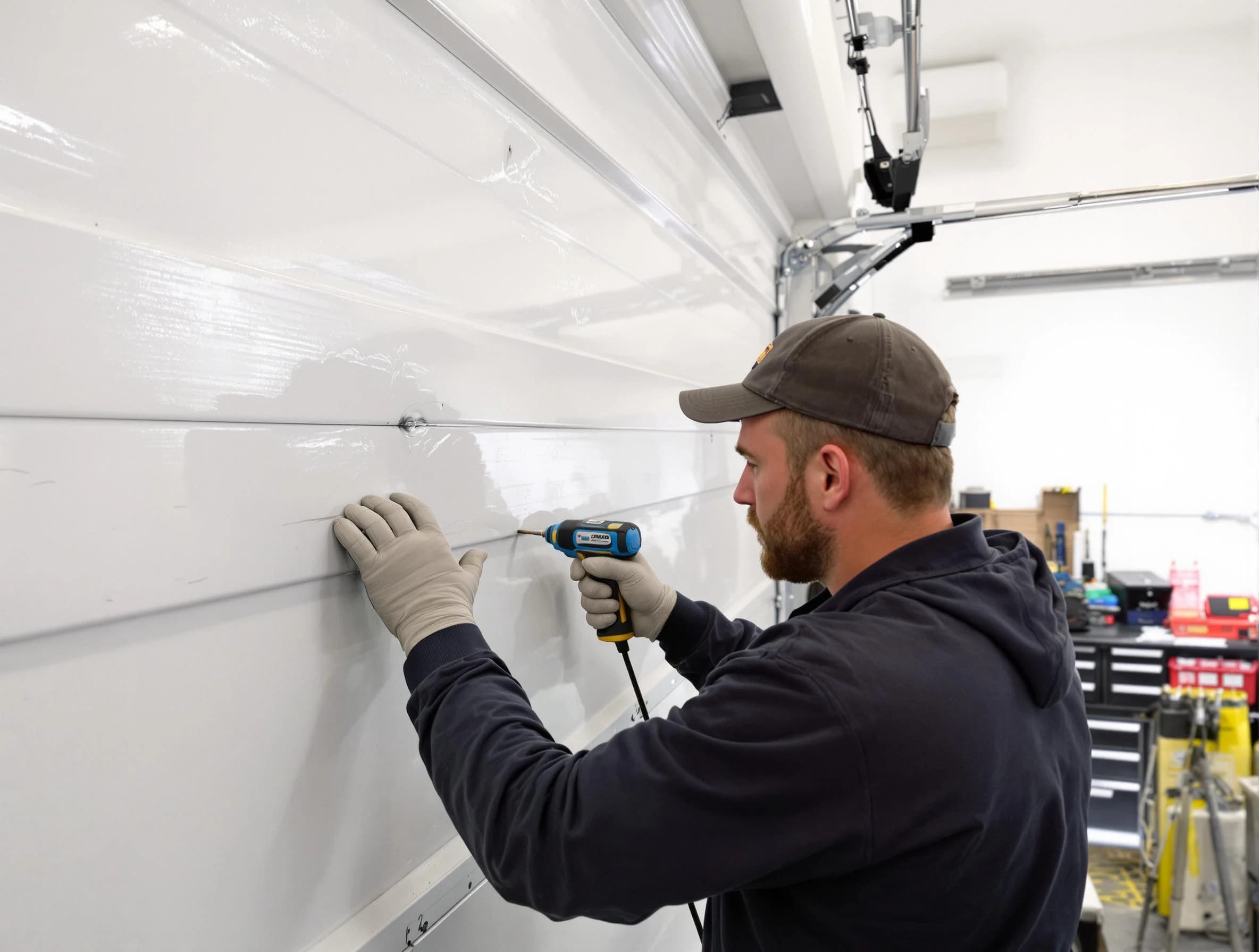 Choctaw Garage Door Repair technician demonstrating precision dent removal techniques on a Choctaw garage door