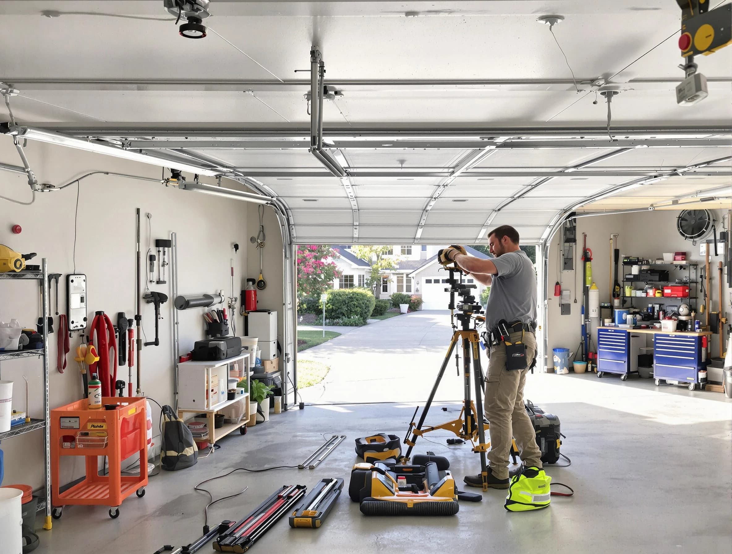Choctaw Garage Door Repair specialist performing laser-guided track alignment in Choctaw